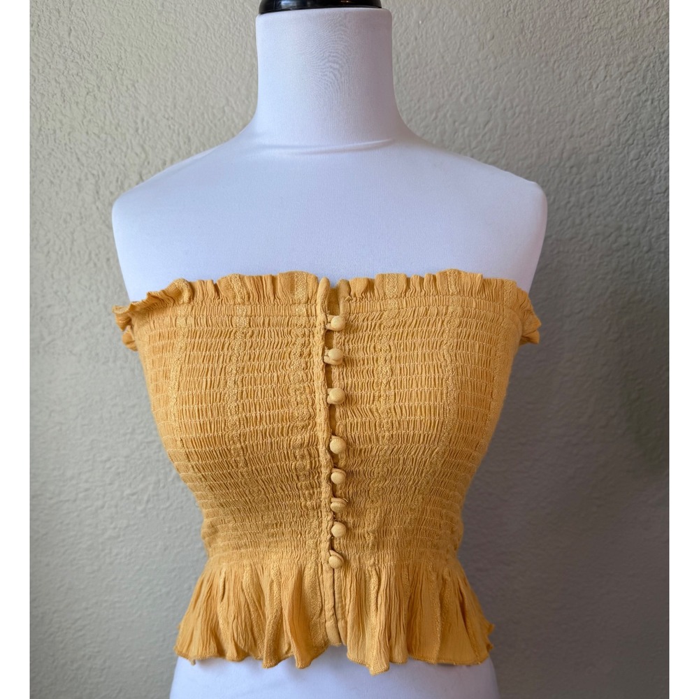 American Eagle Mustard Yellow Smocked Peplum Cropped Tube Top Ruffle Hem Small